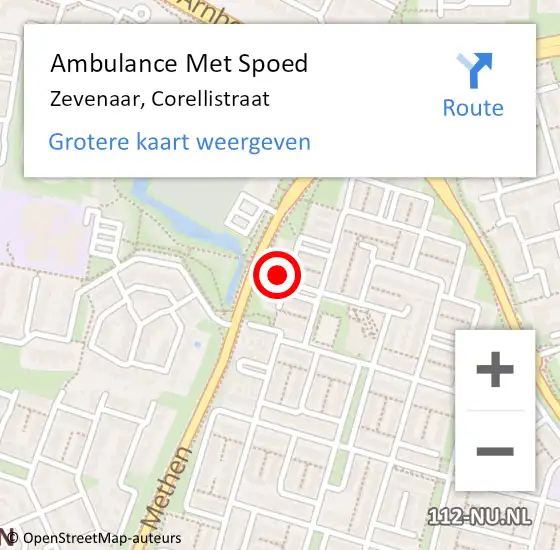 Locatie op kaart van de 112 melding: Ambulance Met Spoed Naar Zevenaar, Corellistraat op 11 juli 2021 07:51