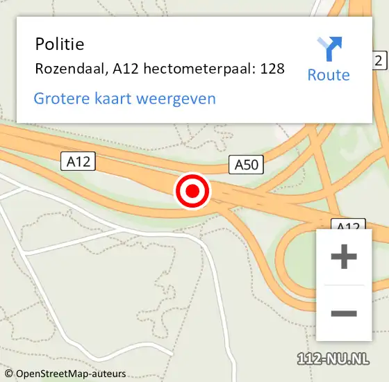 Locatie op kaart van de 112 melding: Politie Rozendaal, A12 hectometerpaal: 128 op 11 juli 2021 11:33