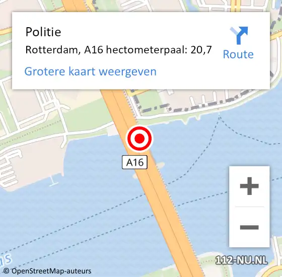 Locatie op kaart van de 112 melding: Politie Rotterdam, A16 hectometerpaal: 20,7 op 11 juli 2021 14:26