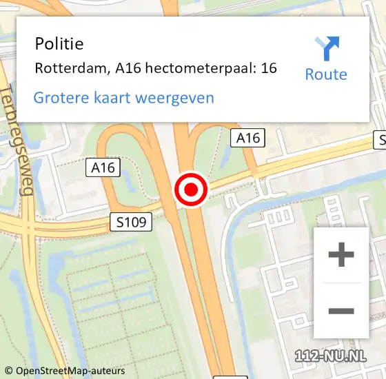 Locatie op kaart van de 112 melding: Politie Rotterdam, A16 hectometerpaal: 16 op 11 juli 2021 15:29