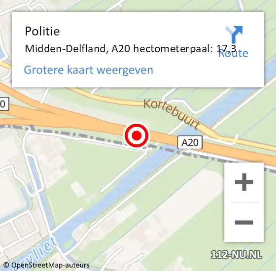 Locatie op kaart van de 112 melding: Politie Midden-Delfland, A20 hectometerpaal: 17,3 op 11 juli 2021 17:30