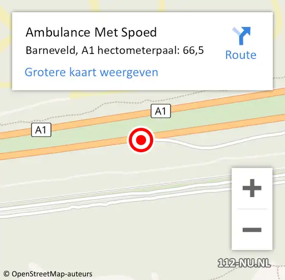 Locatie op kaart van de 112 melding: Ambulance Met Spoed Naar Barneveld, A1 hectometerpaal: 66,5 op 11 juli 2021 17:33