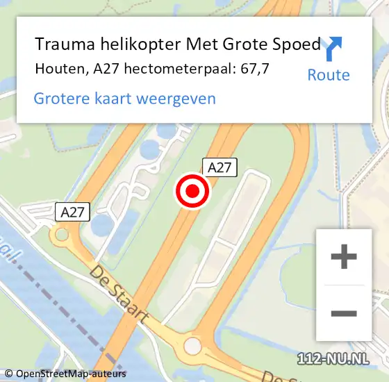 Locatie op kaart van de 112 melding: Trauma helikopter Met Grote Spoed Naar Houten, A27 hectometerpaal: 67,7 op 11 juli 2021 17:47