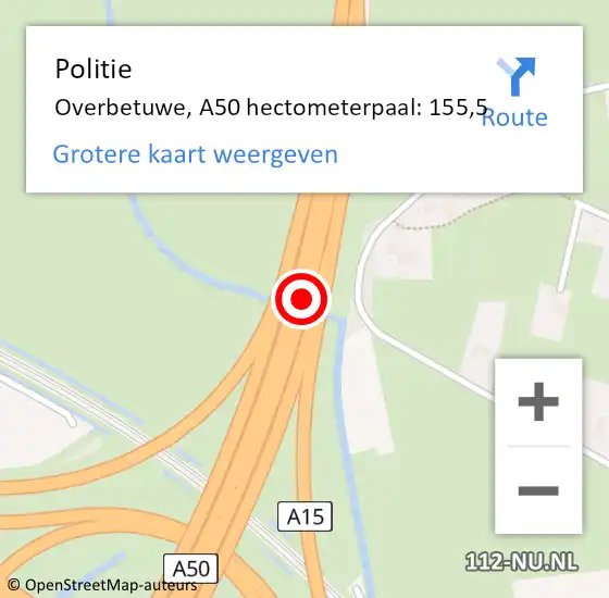 Locatie op kaart van de 112 melding: Politie Overbetuwe, A50 hectometerpaal: 155,5 op 12 juli 2021 06:56