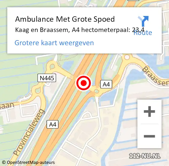 Locatie op kaart van de 112 melding: Ambulance Met Grote Spoed Naar Kaag en Braassem, A4 hectometerpaal: 23,4 op 12 juli 2021 10:42