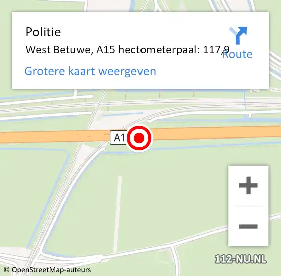 Locatie op kaart van de 112 melding: Politie Geldermalsen, A15 hectometerpaal: 117,9 op 12 juli 2021 15:02