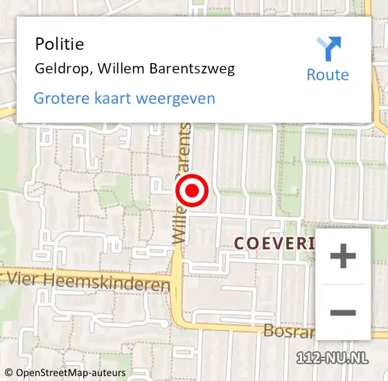 Locatie op kaart van de 112 melding: Politie Geldrop, Willem Barentszweg op 12 juli 2021 15:23