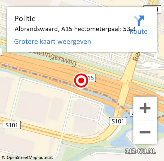 Locatie op kaart van de 112 melding: Politie Albrandswaard, A15 hectometerpaal: 53,3 op 12 juli 2021 16:11