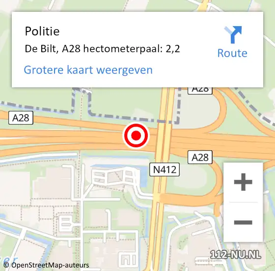 Locatie op kaart van de 112 melding: Politie De Bilt, A28 hectometerpaal: 2,2 op 12 juli 2021 17:16