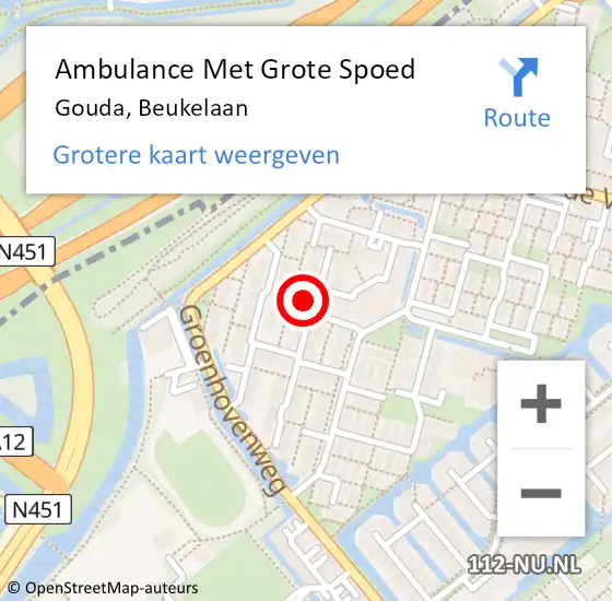 Locatie op kaart van de 112 melding: Ambulance Met Grote Spoed Naar Gouda, Beukelaan op 12 juli 2021 18:06