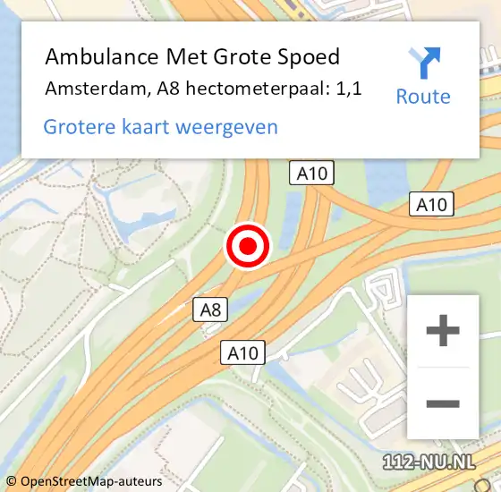 Locatie op kaart van de 112 melding: Ambulance Met Grote Spoed Naar Amsterdam, A8 hectometerpaal: 1,1 op 12 juli 2021 18:22