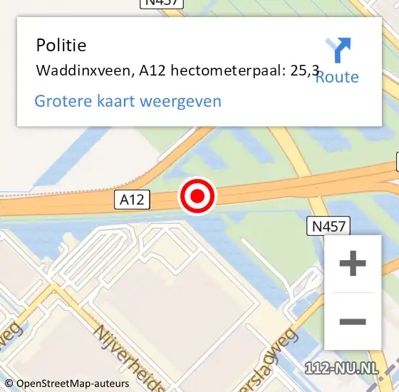 Locatie op kaart van de 112 melding: Politie Waddinxveen, A12 hectometerpaal: 25,3 op 12 juli 2021 19:11