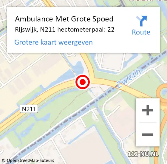 Locatie op kaart van de 112 melding: Ambulance Met Grote Spoed Naar Rijswijk, N211 hectometerpaal: 22 op 12 juli 2021 20:24