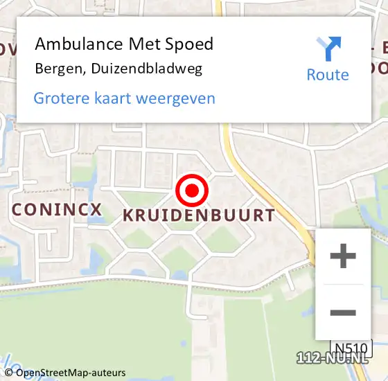 Locatie op kaart van de 112 melding: Ambulance Met Spoed Naar Bergen, Duizendbladweg op 13 juli 2021 00:07