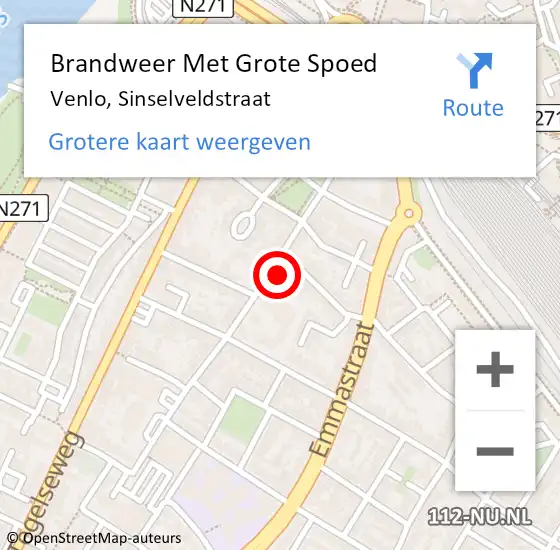 Locatie op kaart van de 112 melding: Brandweer Met Grote Spoed Naar Venlo, Sinselveldstraat op 13 juli 2021 03:17