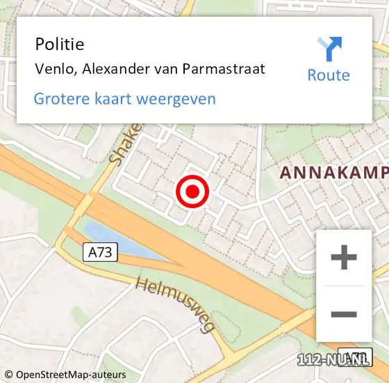 Locatie op kaart van de 112 melding: Politie Venlo, Alexander van Parmastraat op 13 juli 2021 09:08