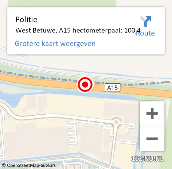 Locatie op kaart van de 112 melding: Politie Lingewaal, A15 hectometerpaal: 100,4 op 13 juli 2021 09:21