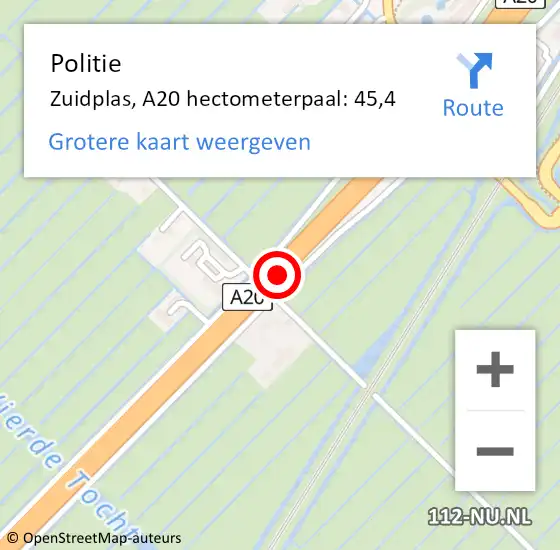 Locatie op kaart van de 112 melding: Politie Zuidplas, A20 hectometerpaal: 45,4 op 13 juli 2021 10:50