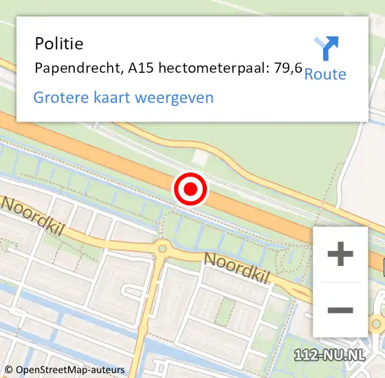 Locatie op kaart van de 112 melding: Politie Papendrecht, A15 hectometerpaal: 79,6 op 13 juli 2021 11:46