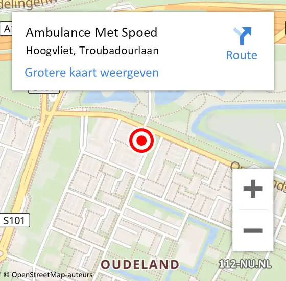 Locatie op kaart van de 112 melding: Ambulance Met Spoed Naar Hoogvliet, Troubadourlaan op 13 juli 2021 16:57