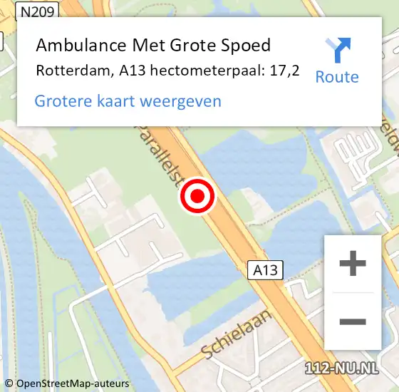 Locatie op kaart van de 112 melding: Ambulance Met Grote Spoed Naar Rotterdam, A13 hectometerpaal: 17,2 op 13 juli 2021 17:19