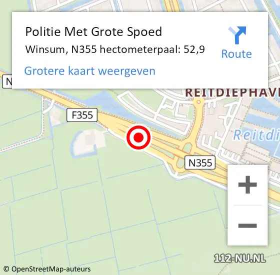 Locatie op kaart van de 112 melding: Politie Met Grote Spoed Naar Winsum, N355 hectometerpaal: 52,9 op 13 juli 2021 17:39