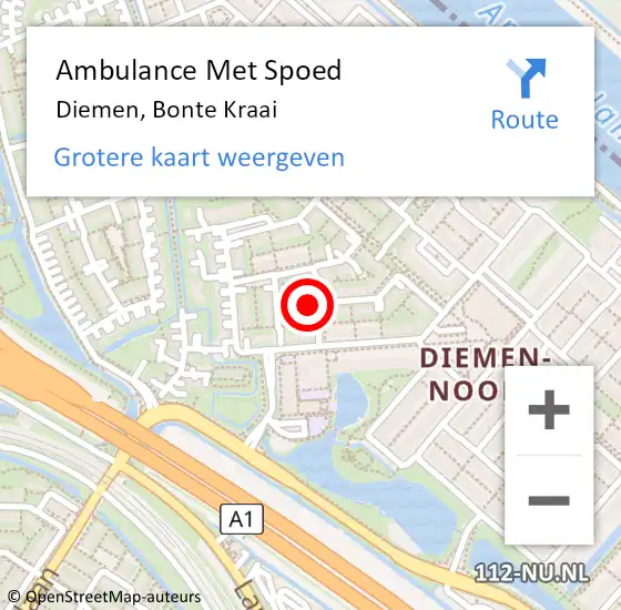 Locatie op kaart van de 112 melding: Ambulance Met Spoed Naar Diemen, Bonte Kraai op 13 juli 2021 22:21