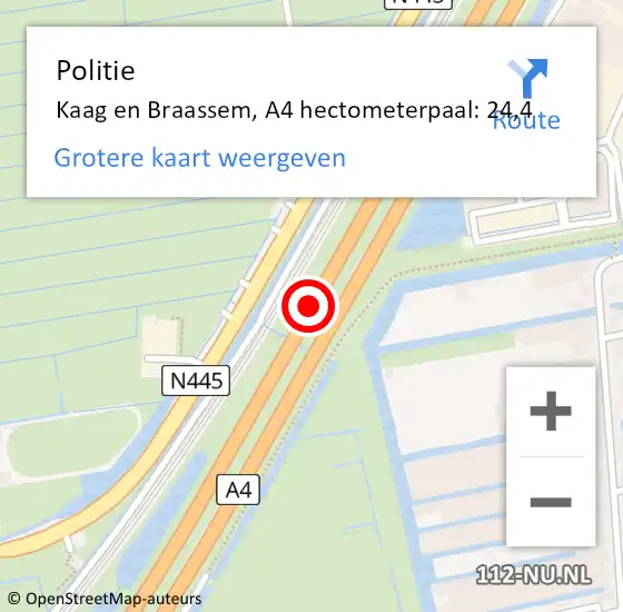 Locatie op kaart van de 112 melding: Politie Kaag en Braassem, A4 hectometerpaal: 24,4 op 14 juli 2021 04:39