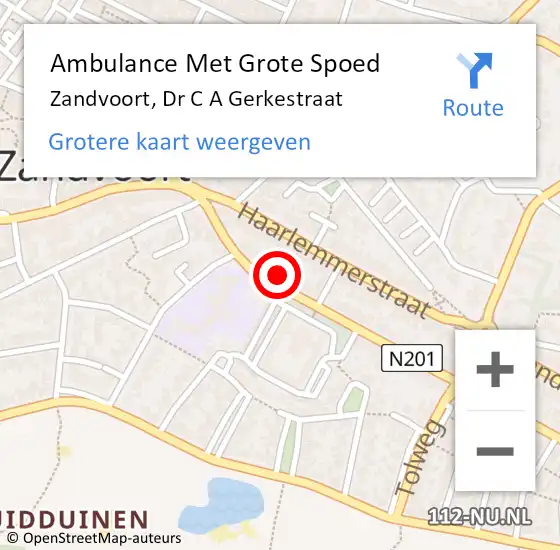 Locatie op kaart van de 112 melding: Ambulance Met Grote Spoed Naar Zandvoort, Dr C A Gerkestraat op 14 juli 2021 08:29