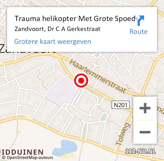 Locatie op kaart van de 112 melding: Trauma helikopter Met Grote Spoed Naar Zandvoort, Dr C A Gerkestraat op 14 juli 2021 08:33