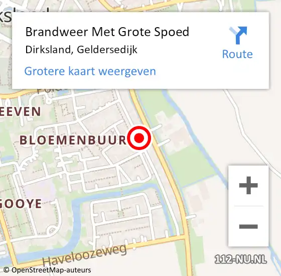 Locatie op kaart van de 112 melding: Brandweer Met Grote Spoed Naar Dirksland, Geldersedijk op 14 juli 2021 11:27