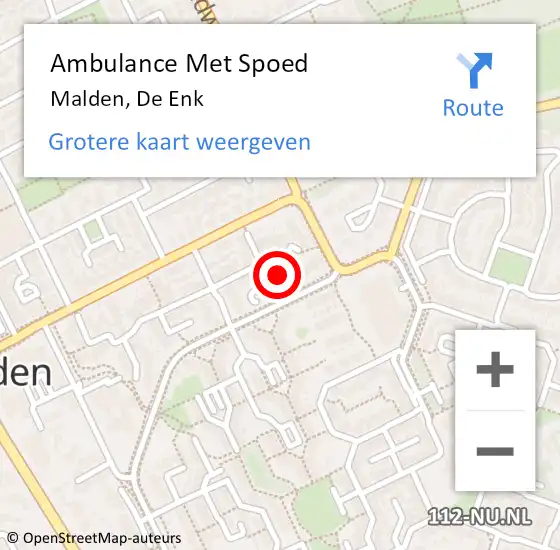 Locatie op kaart van de 112 melding: Ambulance Met Spoed Naar Malden, De Enk op 14 juli 2021 12:38