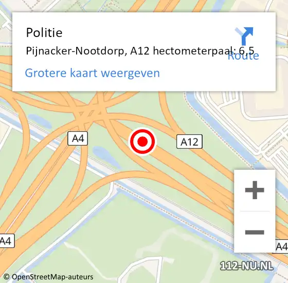 Locatie op kaart van de 112 melding: Politie Pijnacker-Nootdorp, A12 hectometerpaal: 6,5 op 14 juli 2021 12:56
