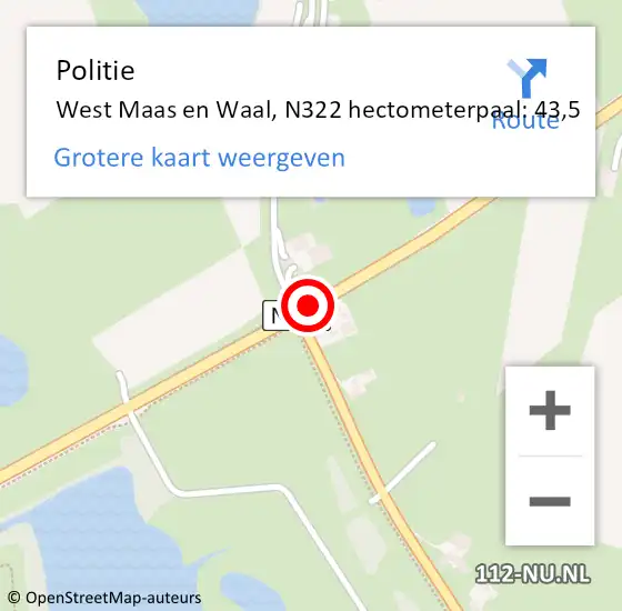 Locatie op kaart van de 112 melding: Politie West Maas en Waal, N322 hectometerpaal: 43,5 op 14 juli 2021 13:04