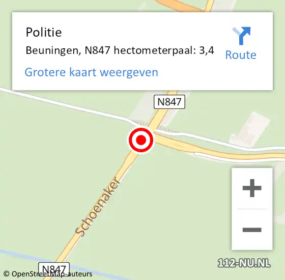 Locatie op kaart van de 112 melding: Politie Beuningen, N847 hectometerpaal: 3,4 op 14 juli 2021 13:34