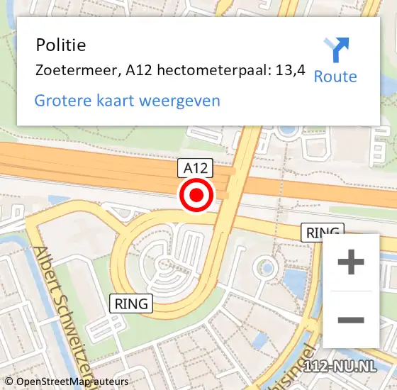 Locatie op kaart van de 112 melding: Politie Zoetermeer, A12 hectometerpaal: 13,4 op 14 juli 2021 14:39