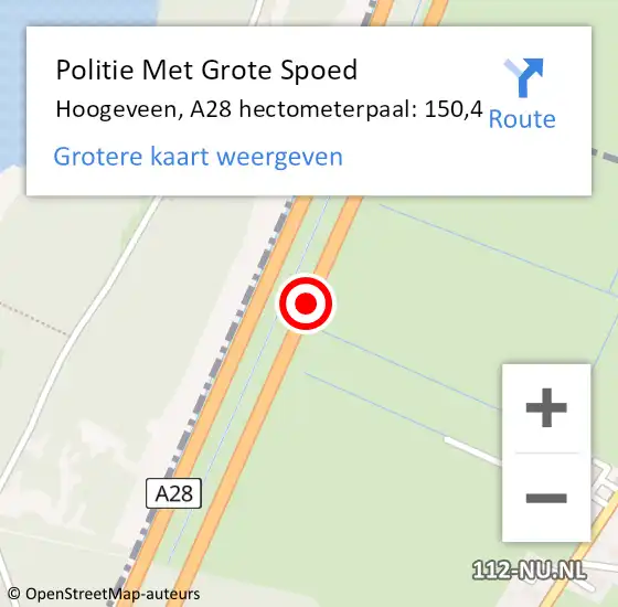 Locatie op kaart van de 112 melding: Politie Met Grote Spoed Naar Hoogeveen, A28 hectometerpaal: 150,4 op 14 juli 2021 18:51