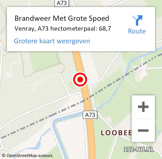 Locatie op kaart van de 112 melding: Brandweer Met Grote Spoed Naar Venray, A73 hectometerpaal: 68,7 op 14 juli 2021 19:12