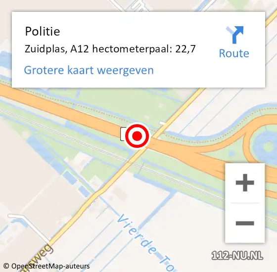 Locatie op kaart van de 112 melding: Politie Zuidplas, A12 hectometerpaal: 22,7 op 15 juli 2021 06:08