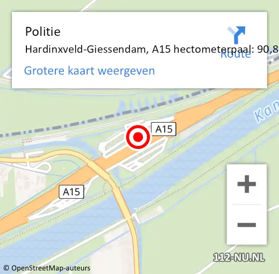 Locatie op kaart van de 112 melding: Politie Hardinxveld-Giessendam, A15 hectometerpaal: 90,8 op 15 juli 2021 06:54