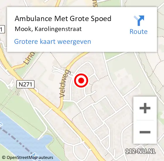 Locatie op kaart van de 112 melding: Ambulance Met Grote Spoed Naar Mook, Karolingenstraat op 15 juli 2021 07:02