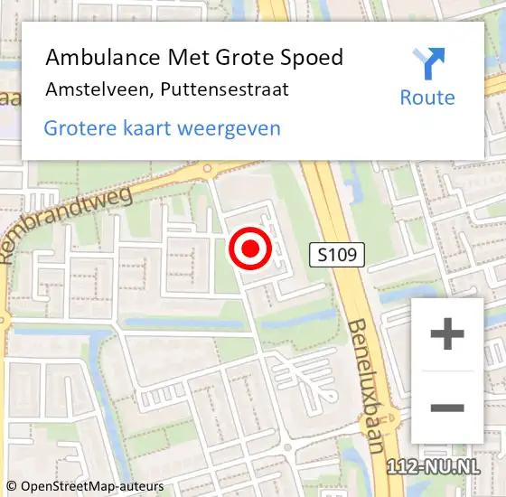 Locatie op kaart van de 112 melding: Ambulance Met Grote Spoed Naar Amstelveen, Puttensestraat op 15 juli 2021 08:15