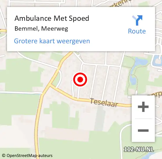 Locatie op kaart van de 112 melding: Ambulance Met Spoed Naar Bemmel, Meerweg op 15 juli 2021 09:11