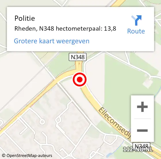 Locatie op kaart van de 112 melding: Politie Rheden, N348 hectometerpaal: 13,8 op 15 juli 2021 09:54