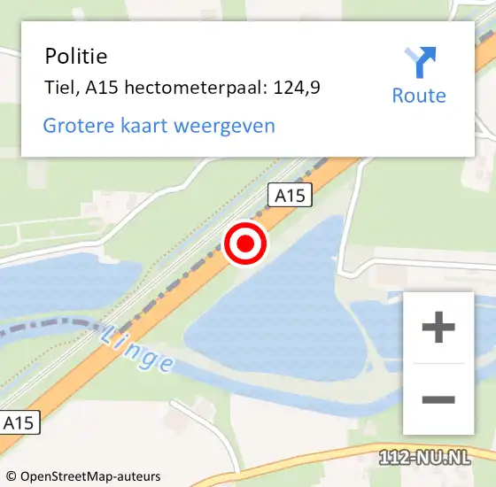 Locatie op kaart van de 112 melding: Politie Tiel, A15 hectometerpaal: 124,9 op 15 juli 2021 12:35