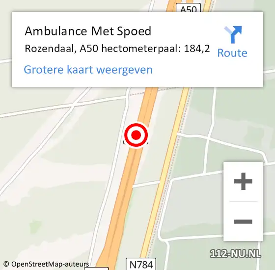 Locatie op kaart van de 112 melding: Ambulance Met Spoed Naar Rozendaal, A50 hectometerpaal: 184,2 op 15 juli 2021 13:54