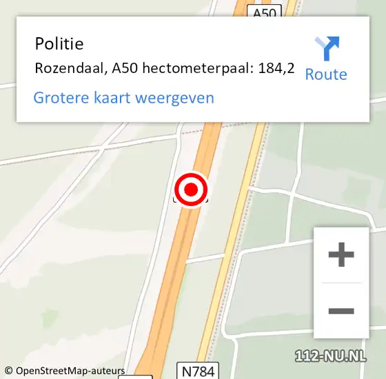 Locatie op kaart van de 112 melding: Politie Rozendaal, A50 hectometerpaal: 184,2 op 15 juli 2021 13:56