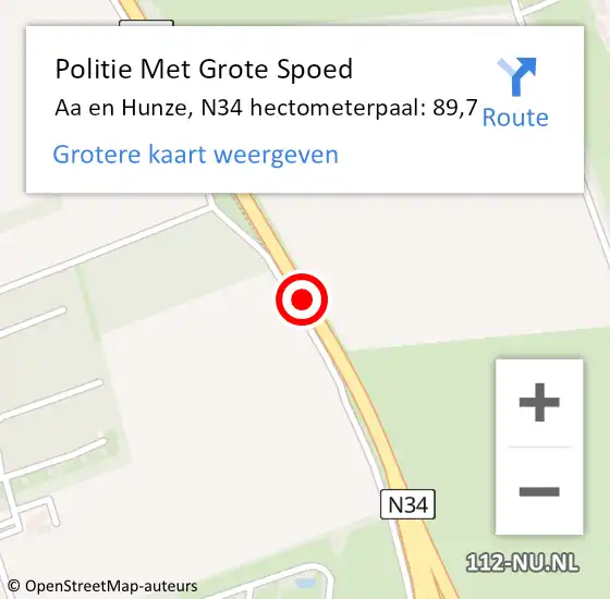 Locatie op kaart van de 112 melding: Politie Met Grote Spoed Naar Aa en Hunze, N34 hectometerpaal: 89,7 op 15 juli 2021 15:45