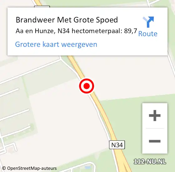 Locatie op kaart van de 112 melding: Brandweer Met Grote Spoed Naar Aa en Hunze, N34 hectometerpaal: 89,7 op 15 juli 2021 15:45