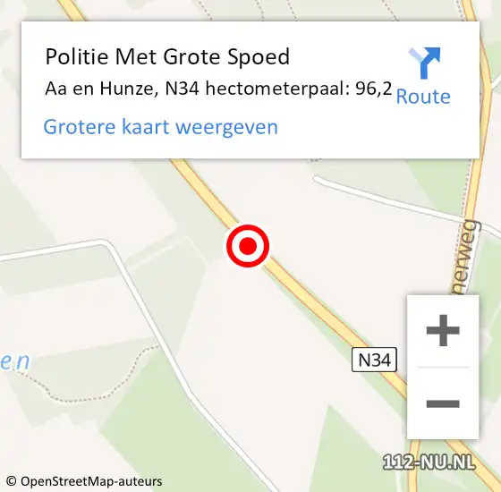 Locatie op kaart van de 112 melding: Politie Met Grote Spoed Naar Aa en Hunze, N34 hectometerpaal: 96,2 op 15 juli 2021 16:51